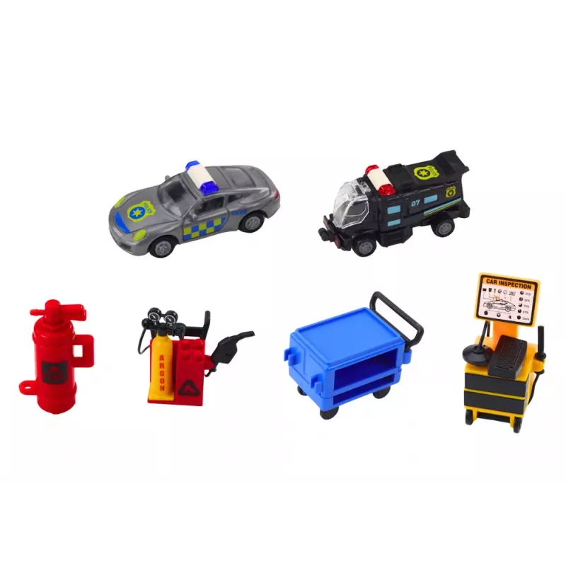 LEAN TOYS Paplašināms garāžas trases komplekts čemodānā ar policijas gaismām un skaņām