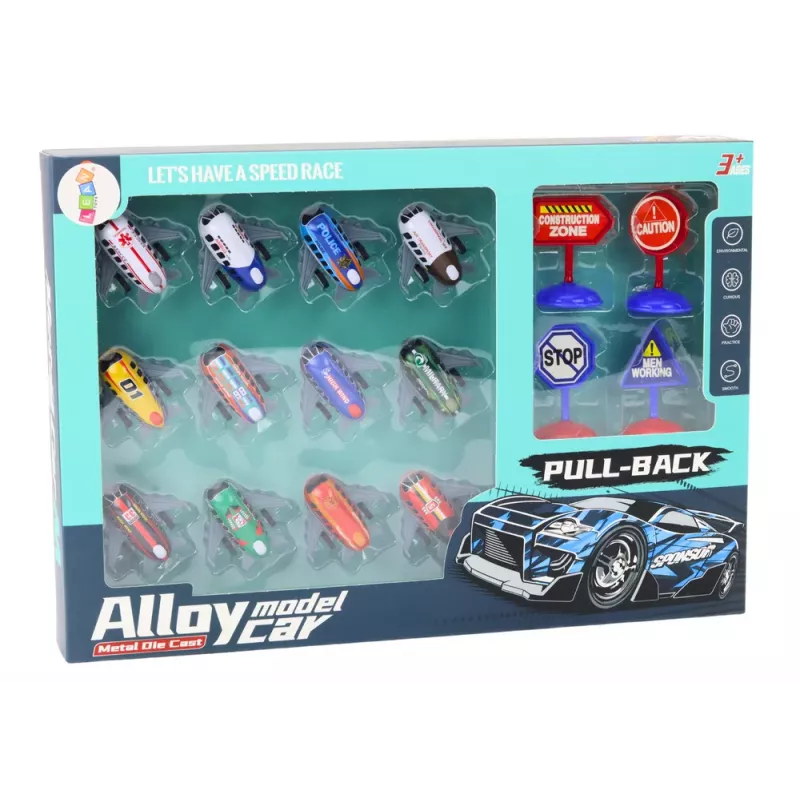 LEAN TOYS 12 rotaļu automašīnu, ar berzi darbināmu lidmašīnu un 5 cm ceļa zīmju komplekts
