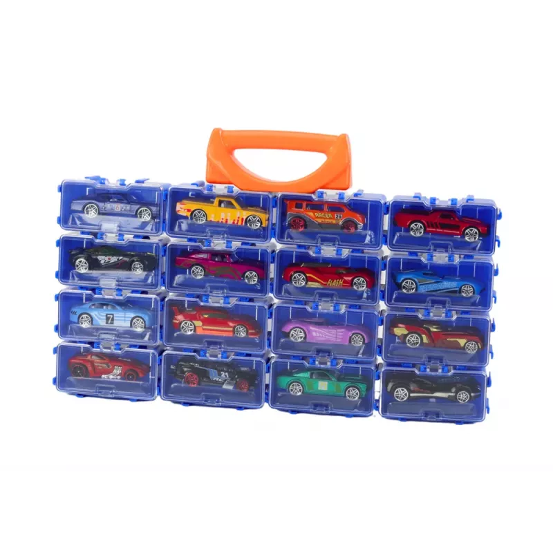 LEAN TOYS 16 gabalu liešanas automašīnu komplekts ar atsperēm metāla čemodānā