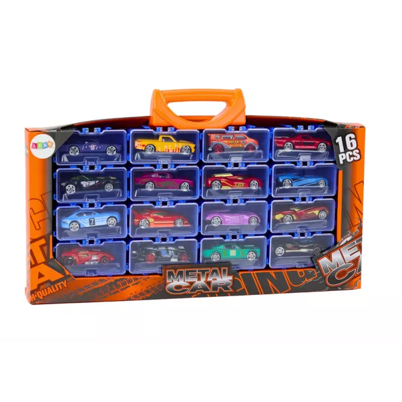 LEAN TOYS 16 gabalu liešanas automašīnu komplekts ar atsperēm metāla čemodānā