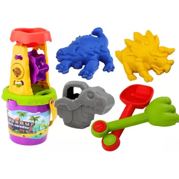 LEAN TOYS Dinozauru smilšu komplekts - dzirnaviņas, piltuve, lāpstiņa, grābeklis, lejkanna, veidnes