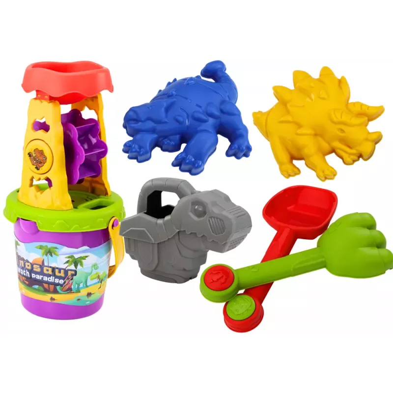 LEAN TOYS Dinozauru smilšu komplekts - dzirnaviņas, piltuve, lāpstiņa, grābeklis, lejkanna, veidnes