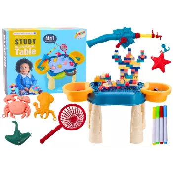 LEAN TOYS Daudzfunkcionālais galds 4in1 Klucīši Makšķerēšana Zīmēšana Zils