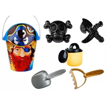 LEAN TOYS Pirātu smilšu komplekts - spainis, lejkanna, sietiņš, 6 daļu komplekts