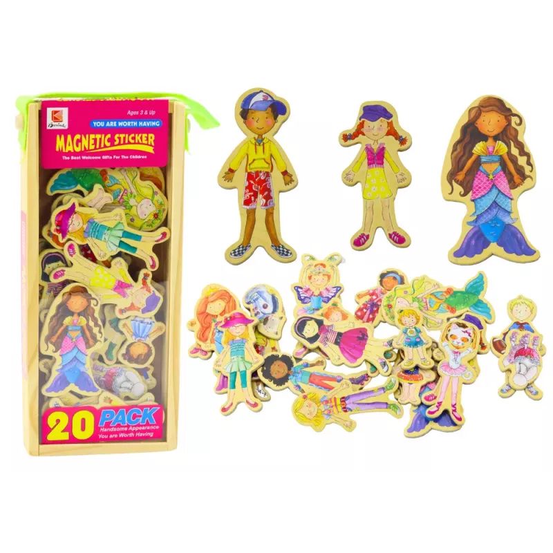 LEAN TOYS Magnētisko koka figūriņu komplekts krāsainos tērpos, 20 gab.