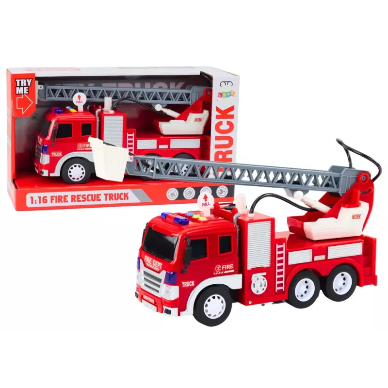 LEAN TOYS Fire Truck With Boom 1:16 Lights Sounds Water Drive Red