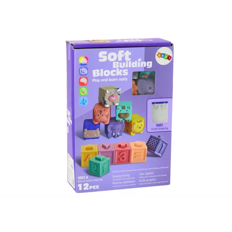 LEAN TOYS Mīkstie izglītojošie klucīši Dzīvnieki Cipari Burti Krāsaini 12 gab.
