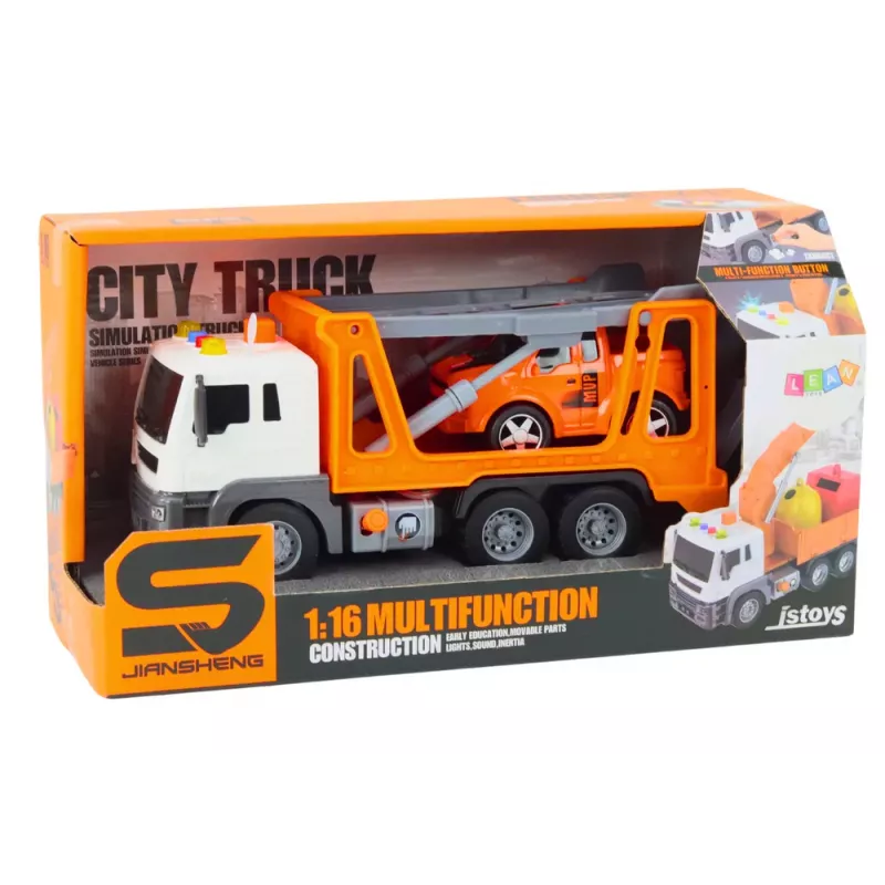 LEAN TOYS Daudzfunkcionāls evakuators ar gaismām un skaņām 1:16 Oranžs auto