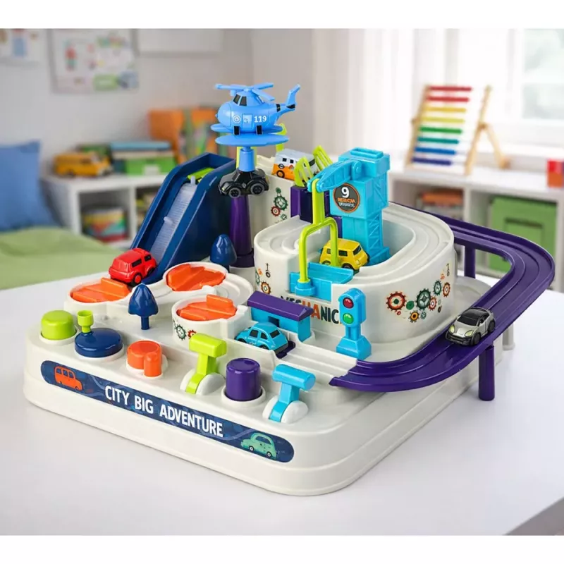 LEAN TOYS Šķēršļu trases interaktīvā autostāvvieta bērniem ar četrām automašīnām