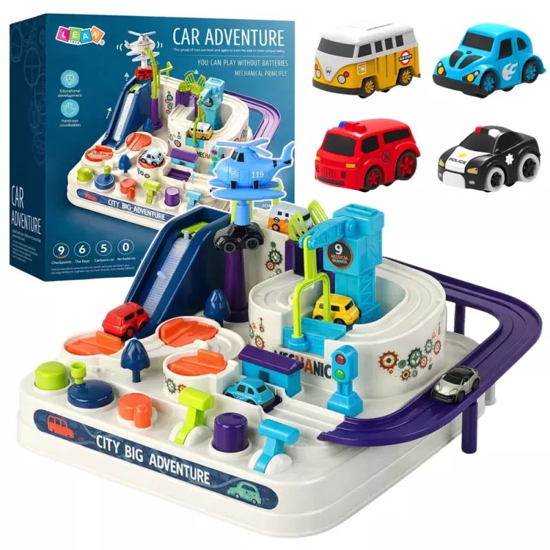 LEAN TOYS Šķēršļu trases interaktīvā autostāvvieta bērniem ar četrām automašīnām
