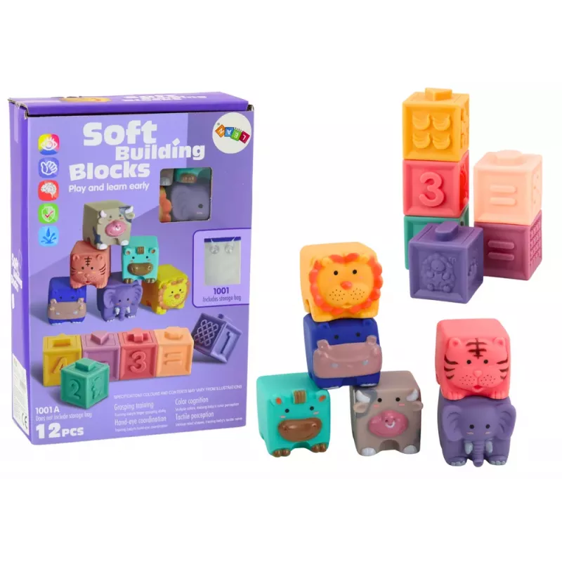 LEAN TOYS Mīksti izglītojoši klucīši Dzīvnieki Cipari Burti Krāsaini 12 gab.