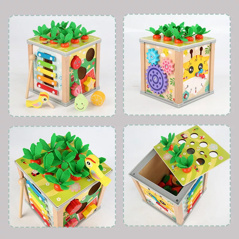 LEAN TOYS Koka izglītojošs kubs šķirotājs 5in1 Puzles kaste Bloki