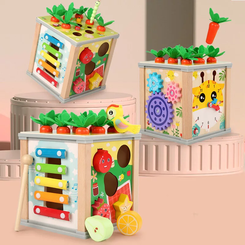 LEAN TOYS Koka izglītojošs kubs šķirotājs 5in1 Puzles kaste Bloki