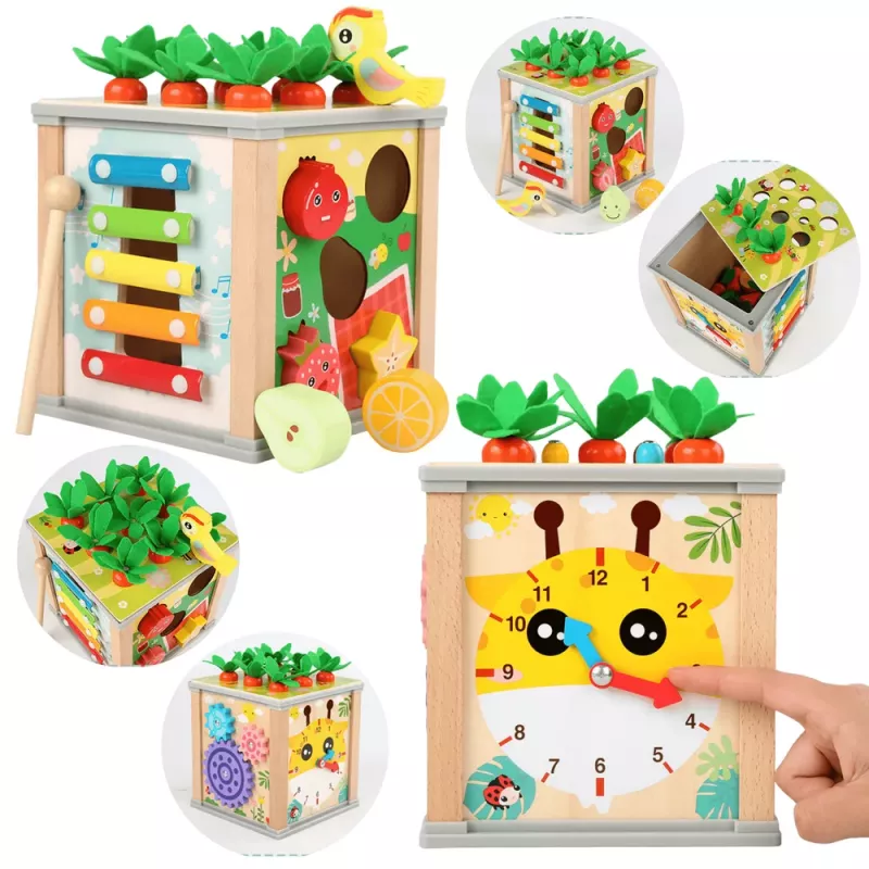 LEAN TOYS Koka izglītojošs kubs šķirotājs 5in1 Puzles kaste Bloki