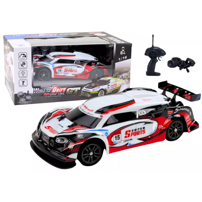 LEAN TOYS RC Sports Car 1:16 Drift Interchangeable Wheels White and Red