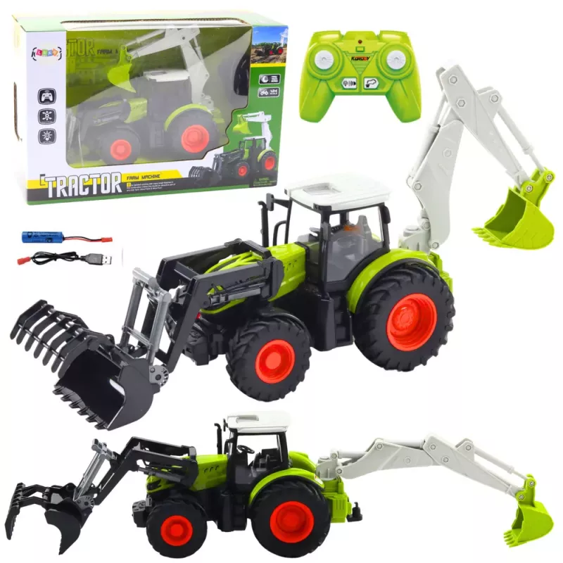 LEAN TOYS Lauksaimniecības traktors ar rotējošu kausu un ekskavatoru 2in1 tālvadības 2.4G