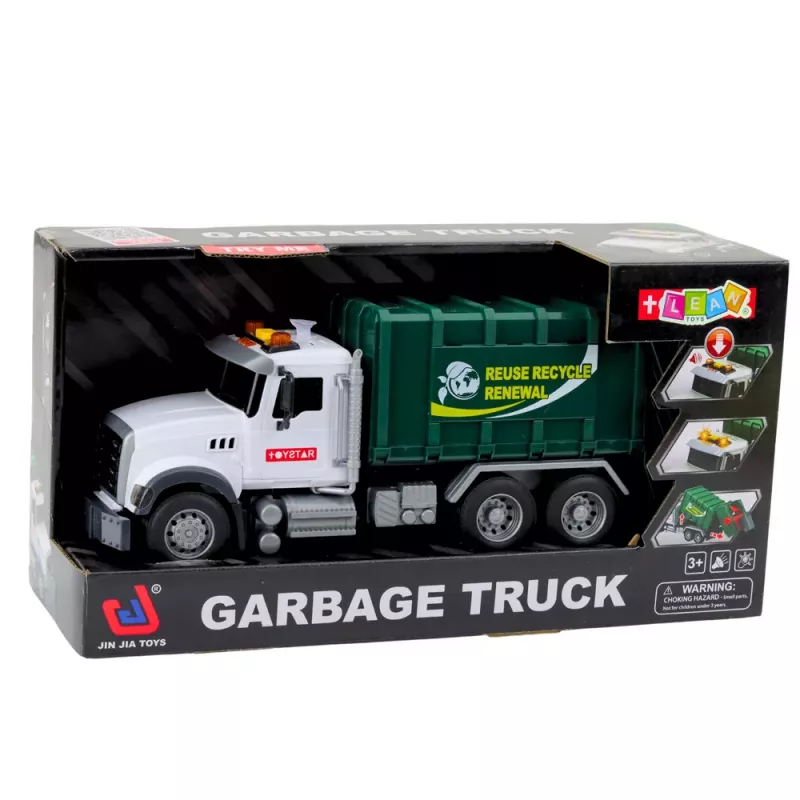 LEAN TOYS Atkritumu mašīna ar atkritumu konteineriem, gaismām un skaņām, zaļa, mērogs 1:14