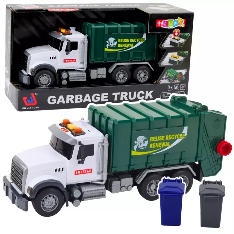 LEAN TOYS Atkritumu mašīna ar atkritumu konteineriem, gaismām un skaņām, zaļa, mērogs 1:14