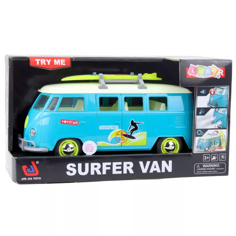 LEAN TOYS Car Surfer Van Bus ar sērfinga dēli, gaismām un skaņām, tirkīza