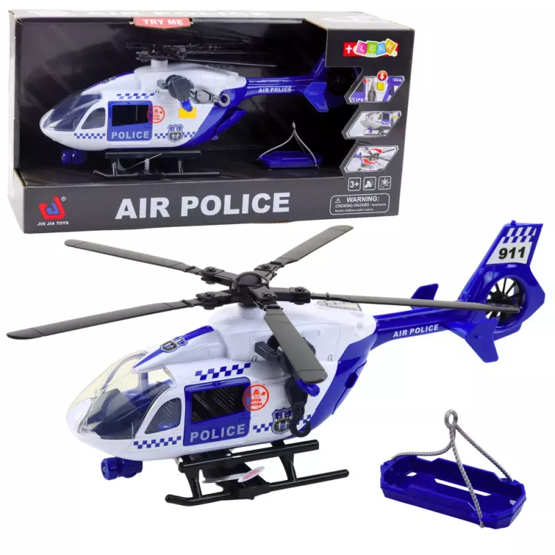 LEAN TOYS Policijas helikopters ar āķi, nestuvēm, gaismām un skaņām 1:12