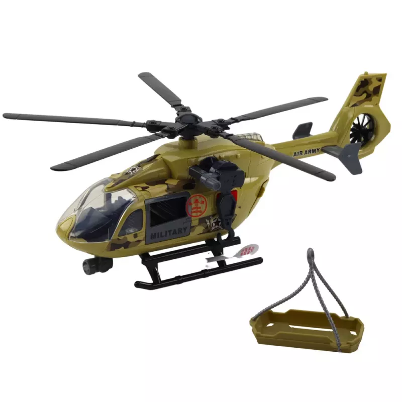 LEAN TOYS Militārais helikopters ar āķi un nestuvēm - Gaismas un skaņas - 1:14 mērogs