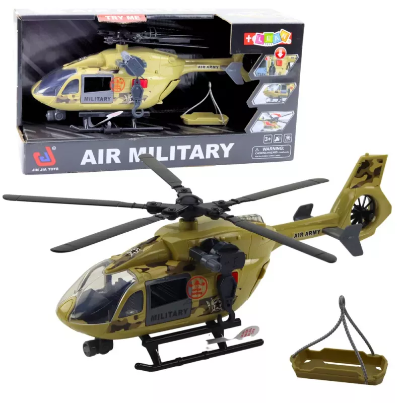 LEAN TOYS Militārais helikopters ar āķi un nestuvēm - Gaismas un skaņas - 1:14 mērogs
