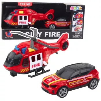 LEAN TOYS Fire Rescue Playset: Helikopters, Ugunsdzēsēju mašīna, Ugunsdzēsēju depo ar gaismām un skaņām