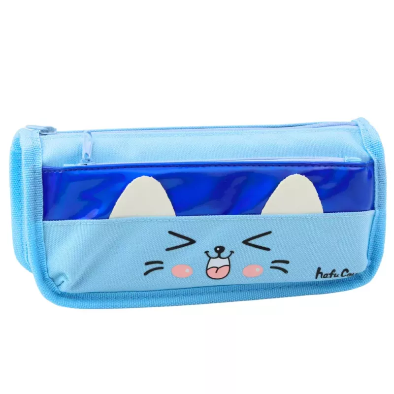 LEAN TOYS School Pencil Case Two Pockets Cat Motif Blue 22cm