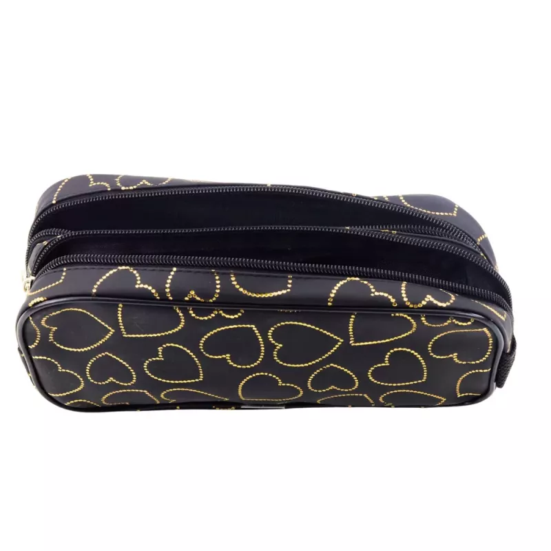 LEAN School Office Pencil Case, Two-Compartment, Golden Hearts, Black, 23.5x10 cm