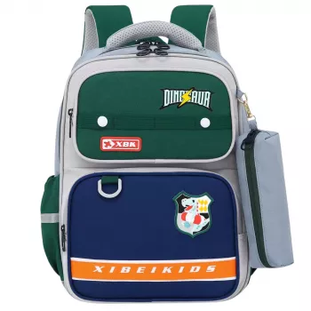LEAN School Backpack Patches Dinosaur With Pencil Case Gray 16L