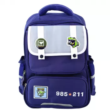 LEAN School Backpack Patches With Dinosaurs Chest Strap Navy Blue 39x27x15cm