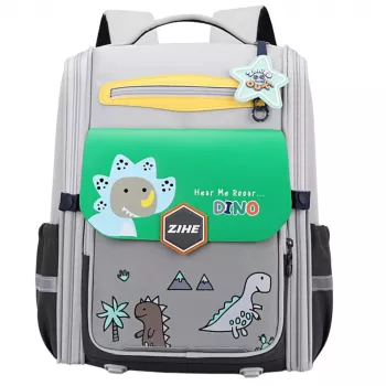 LEAN School Backpack With Dinosaurs Chest Strap Gray Green 21L 39cm