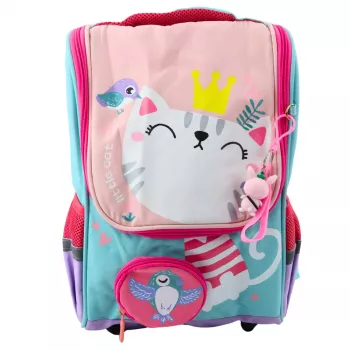 LEAN School Backpack White Cat Bag With Bird Pendant 21L