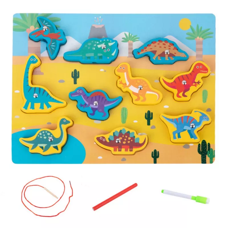 LEAN TOYS Koka puzle ar magnētiem un aukliņu savienošanu Dinozauri
