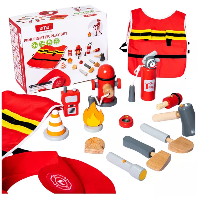 LEAN TOYS Ugunsdzēsēja kostīmu komplekts Ugunsdzēsēja aksesuāri Koka 14 El
