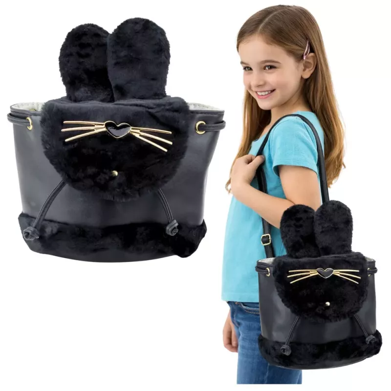 LEAN Bērnu mugursoma ar plīša ausīm, regulējama siksna, melna, 22cm, 4L
