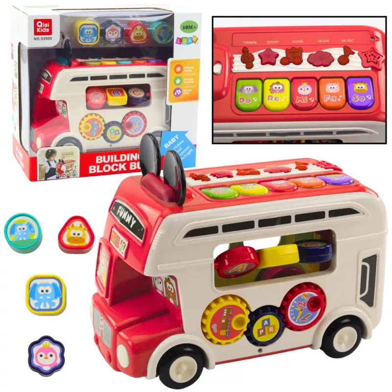 LEAN TOYS Interaktīvs izglītojošs autobuss ar šķirotāju, gaismām un skaņām, sarkans