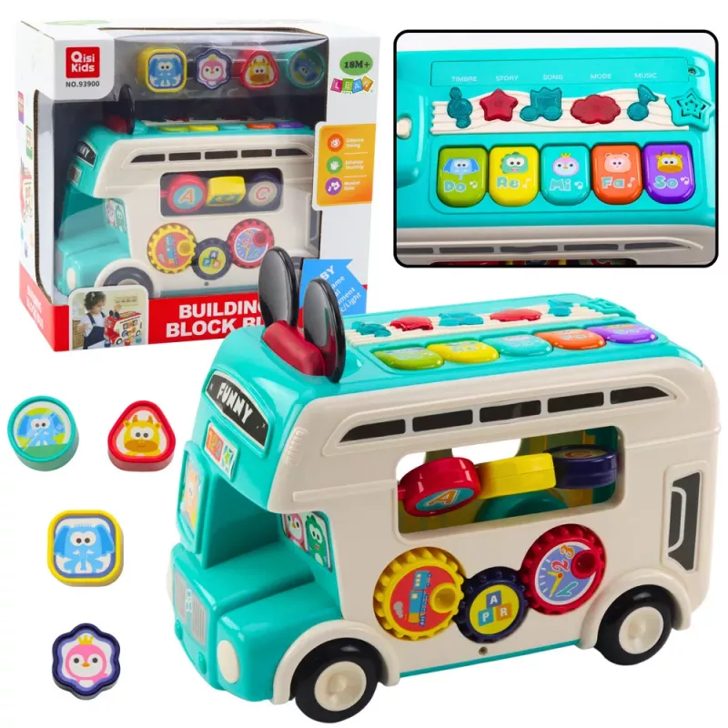 LEAN TOYS Interaktīvs izglītojošs autobuss ar formu šķirotāju, gaismām un skaņām, Tirkīza