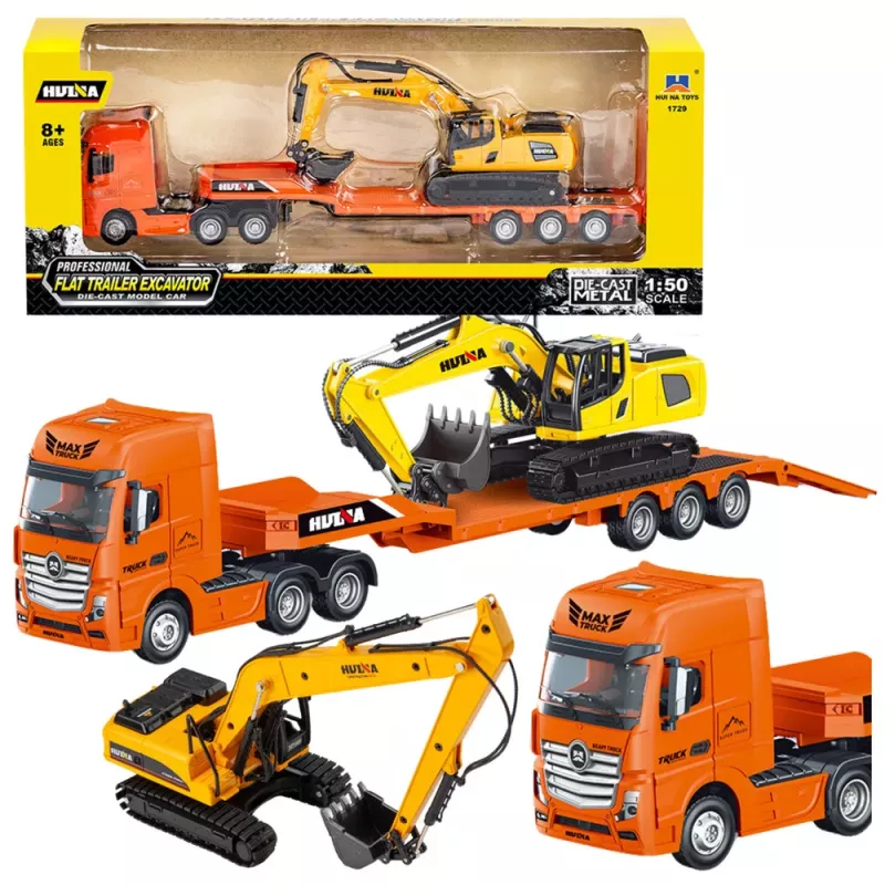 Huina 1:50 Die-Cast Metal Tow Truck with Trailer and Excavator - Orange