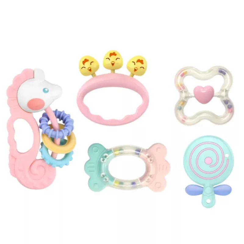 LEAN TOYS Maņu grabuļu un zobu šķiļamo komplekts mazuļiem Rozā 5gab