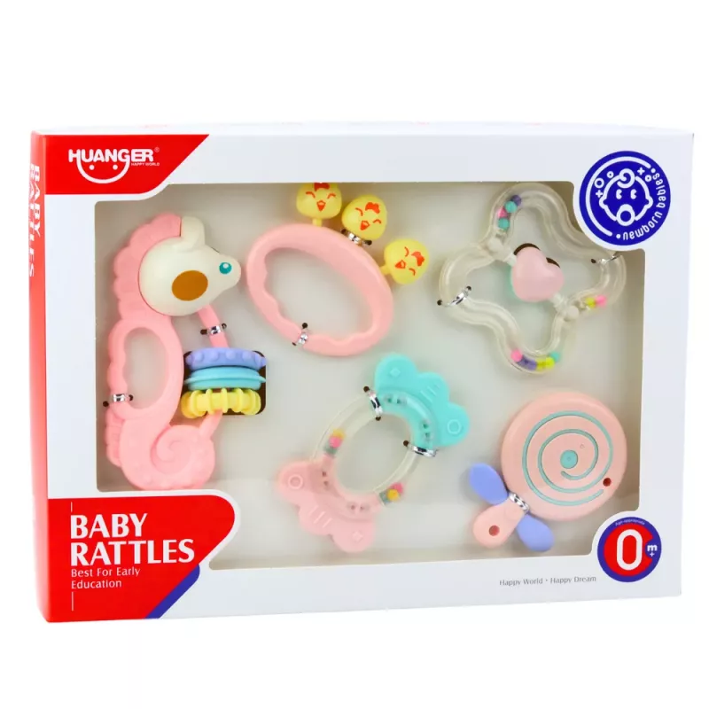 LEAN TOYS Maņu grabuļu un zobu šķiļamo komplekts mazuļiem Rozā 5gab