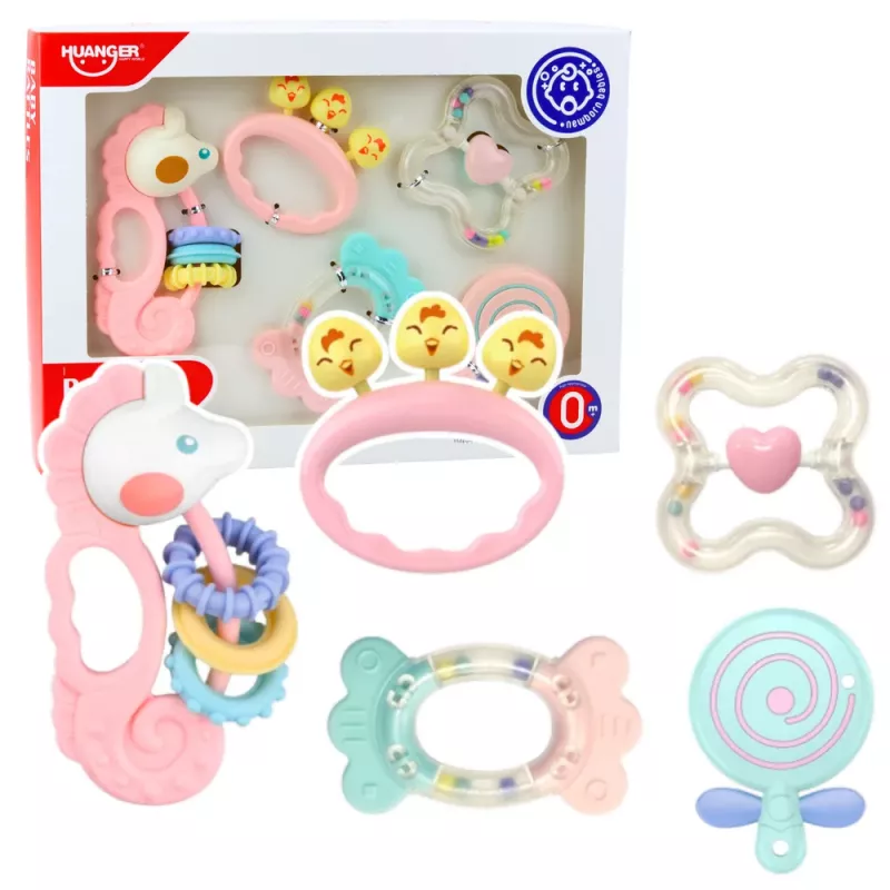 LEAN TOYS Maņu grabuļu un zobu šķiļamo komplekts mazuļiem Rozā 5gab
