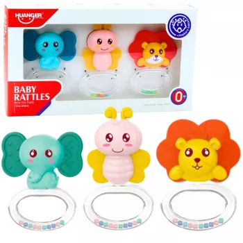 LEAN TOYS 3 gabalu komplekts: Bērnu grabulīši un zobu šķilšanas rotaļlietas Dzīvnieki