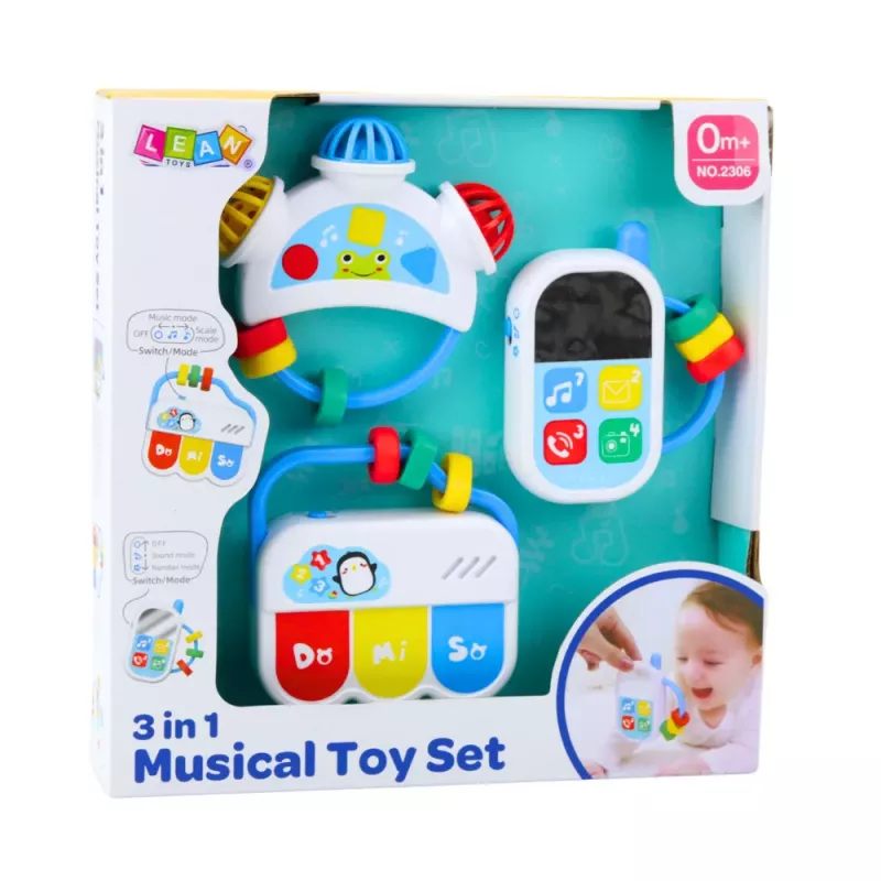 LEAN TOYS Muzikālo rotaļlietu komplekts mazuļiem - Telefons, Tamburīns, Atslēgas, 3 gab.