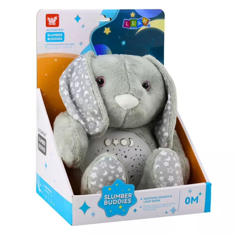 LEAN TOYS Plush Rabbit Sleeping Cuddly Toy with Projector, Sound, and Cry Sensor - Grey