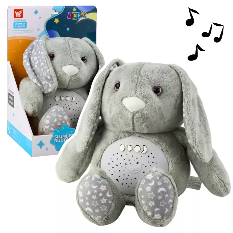 LEAN TOYS Plush Rabbit Sleeping Cuddly Toy with Projector, Sound, and Cry Sensor - Grey