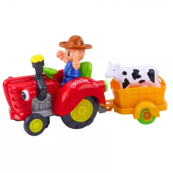 LEAN TOYS Interaktīvais zemnieka traktors ar piekabi, govs figūru, gaismām un skaņām