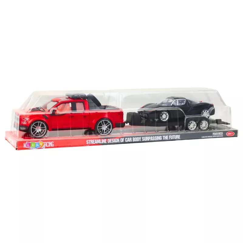 LEAN TOYS Bezceļu auto komplekts: sarkans evakuators un melns sporta auto 59cm