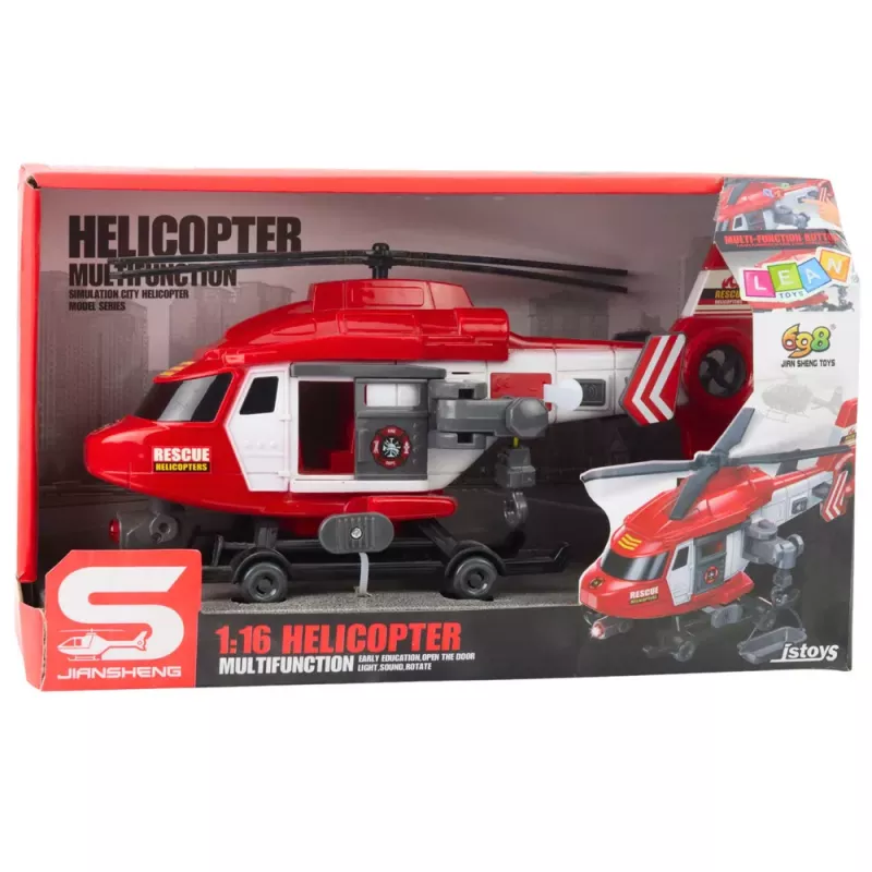 LEAN TOYS Glābšanas helikopters ar āķi, nestuvēm, gaismām un skaņām, sarkans, mērogs 1:16