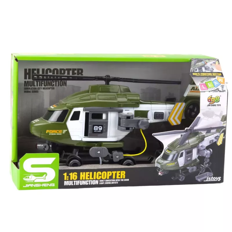 LEAN TOYS Militārais helikopters ar āķi un nestuvēm, gaismas un skaņas, haki, mērogs 1:16